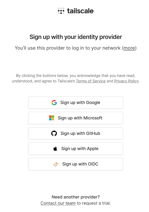 Tailscale options to create an account